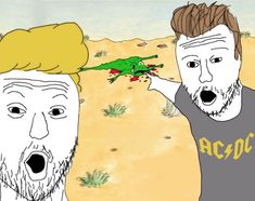 two men are in the desert with a frog on their head and another man is pointing at them