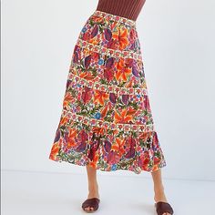 Brand New Wiht Tag Farm Rio Tiered Maxi Skirt Size S Colors Multi Color Floral Print, Orange Red Purple, White Etc Floral Print (2 Different Prints- Large Floral And Boarder Patterns) Tiered Skirt Cotton Lined Side Zip Closure Spring Vacation Skirt With Vibrant Print, Patterned Skirt For Vacation In Spring, Bohemian Floral Print Patterned Skirt, Patterned Skirt For Spring Vacation, Vacation Cotton Printed Skirt, Multicolor Printed Summer Skirt, Printed Cotton Skirt For Vacation, Bohemian Purple Floral Print Skirt, Spring Beach Skirt With Multicolor Print