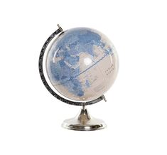 a small blue and white globe on a metal stand with a diamond around the edge