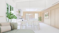 an artist's rendering of a kitchen and dining room in a house with white walls