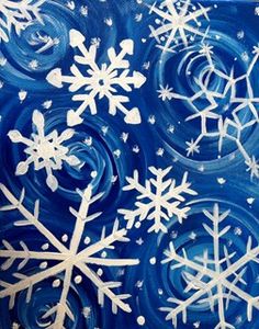 a blue and white painting with snowflakes on it