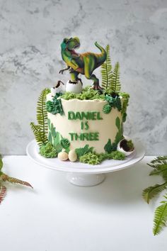 a dinosaur themed cake on a plate with fern leaves and other plants around it that says daniel is three