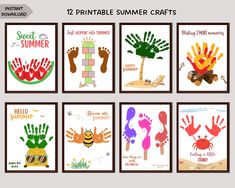 six printable summer cards with handprints in different colors and designs on them