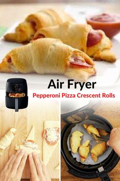 there are several different types of food being cooked in the air fryer, pepperoni pizza crescent rolls and hot dog buns