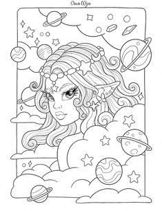 a girl with long hair and planets in the background is outlined on a coloring page