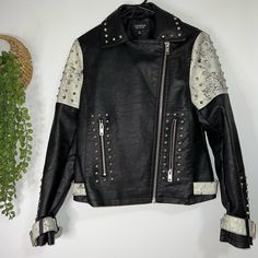 ***New Never Worn*** Fitted Long Sleeve Studded Biker Jacket, Studded Biker Leather Jacket, Edgy Studded Biker Jacket, Black Studded Biker Outerwear, Studded Long-sleeved Moto Outerwear, Faux Leather Jacket, Faux Leather Jackets, Leather Jackets, Black Gray