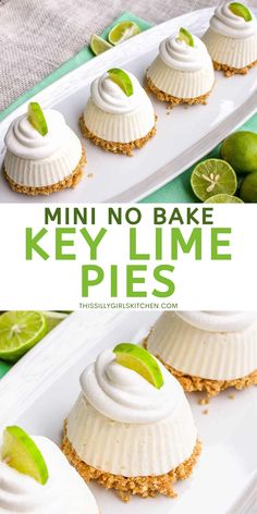 mini key lime pies on a white plate with limes around them and text overlay