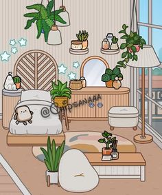 a cartoon bedroom with plants on the wall