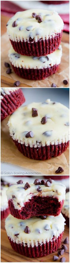 three pictures of red velvet cupcakes with white frosting and chocolate chips on top