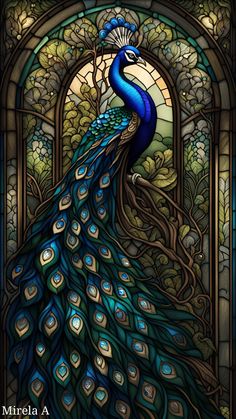 a stained glass window with a peacock on it