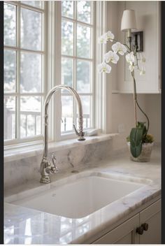 a white kitchen sink sitting under a window next to a vase with flowers in it