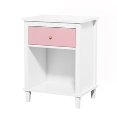 a white and pink nightstand with two drawers on one side, against a white background