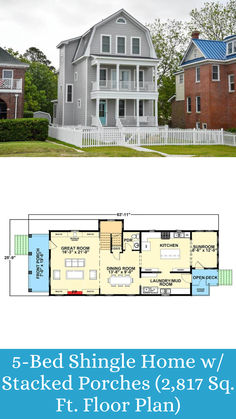 the floor plan for a three bedroom single home with attached porches