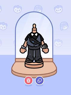 a cartoon character standing in front of a glass case with his hands on his hips