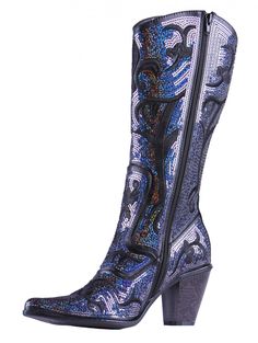 Helen's Heart Blue/Black Sequins Cowboy Boots - Inside View Fitted Sequin Boots For Night Out, Fitted Sequin Boots For Fall, Sequin Boots For Fall, Fitted Black Boots For Festivals, Black Sequined Boots For Night Out, Blue Boots For Rodeo, Western Boots For Evening In Fall, Blue Embellished Party Boots, Embellished Blue Party Boots