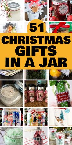 51 Christmas gifts in a jar displayed in a collage. Bar In A Jar Gift Ideas Christmas, Christmas Cookie Jars Gift Ideas, Baked Gifts For Christmas, Inexpensive Homemade Christmas Gifts, Cookies In A Jar Gift, Gift In A Jar Ideas, Mason Jar Potpourri Christmas Gifts, Gift Jar Ideas, Christmas Gifts For Neighbors Homemade