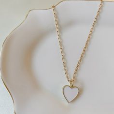 Heart Pendant Necklace. 14k Gold Filled/Overlay. Reversible White Or Gold Face Heart. 18-Inch Necklace, 1/2 Inch Heart. Moisture And Water Tarnish Resistant. Elegant White Heart Necklace For Everyday, Dainty White Heart Necklace For Her, Minimalist White Necklace For Valentine's Day, White Heart-shaped Minimalist Jewelry, Minimalist White Heart-shaped Jewelry, White Heart Charm Jewelry For Gift, White Heart Charm Necklace Gift, White Jewelry With Heart Charm As Gift, White Jewelry With Heart Charm For Gift