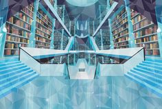 an abstract image of a library with bookshelves and stairs in the middle, surrounded by blue geometric shapes