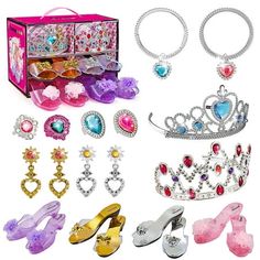 The 20-piece full pretend play dress-up set included 2 royal crowns in both gold and silver colors with gems and rubies embedded, 4 different color princess heel shoes that fit any outfit for any occasion, and royalty jewelry accessories such as a pair of bracelets, 2 pairs of earrings and a set of 4 rings to finish off every beautiful fairytale fantasy queen look for girls ages 3+! Color: Multicolor. Royal Princess Dress, Fairytale Queen, Royalty Jewelry, Princess Dress Fairytale, Princess Heels, Kids Heels, Fantasy Queen, Dress Up Shoes, Imagination Toys