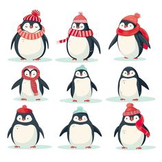 penguins with hats and scarves are standing in the snow