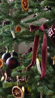 a christmas tree with ornaments hanging from it's branches and an orange slice in the middle