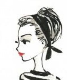 a drawing of a woman's profile with her hair in a bun and red lipstick