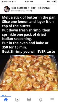 an image of a large pan filled with shrimp on top of a table next to a facebook page