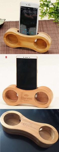 the cell phone holder is made out of wood and has two compartments to hold it