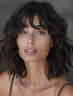 Short Hair With Fringe Bangs Round Faces, Lob Haircut Curly Hair, Wavy Bob Bangs, Layered Lob Haircut With Bangs, Hair For Heart Shaped Face, Bang Inspo, Shag Bob