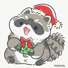 a raccoon wearing a santa hat and holding a bunch of grapes with its tongue out