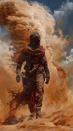 a painting of an astronaut walking through the desert with clouds in the sky behind him