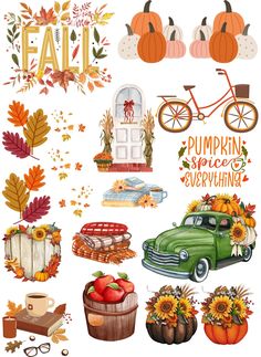 an autumn clipart set with pumpkins, apples and other fall items