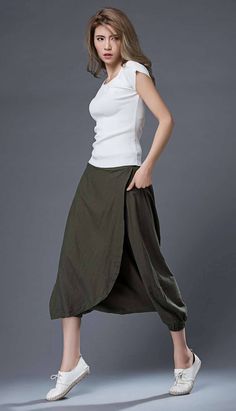 Harem pants Linen pants harem pants women green harem | Etsy Solid Color Baggy Long Skirt, Non-stretch Green Long Skirt, Casual Green Long Skirt, Green Non-stretch Long Skirt, Spring Khaki Harem Pants With Loosely Fitted Hips, Green Wide Leg Harem Pants, Spring Harem Pants With Loosely Fitted Hips In Khaki, Baggy Maxi Skirt For Summer, Khaki Wide-leg Harem Pants