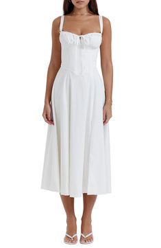 Freshen up your garden-party style in a bustier sundress fashioned with a drawstring-tie sweetheart neck, lace-up back and a thigh-baring slit. Exclusive retailer 48" length (size Medium) Sweetheart neck Lined, with padded cups and boning in bodice 65% cotton, 32% nylon, 3% polyester Dry clean Imported Bustier Sundress, Carmen Dress, White Bustier, Summer Garden Party, Casual Chique, House Of Cb, Bustiers, Saint Tropez, Party Fashion