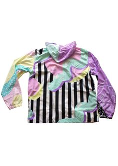 The Concept part of the SOPHOMORIC collection, this new windbreaker is a real show stopper. featuring bold bright rainbow stripes, memphis group inspired prints, grids, stripes, and everything nice...all pastel/bright color enthusiasts as well as lovers of bright alternative fashions like fairy kei or decora are sure to love this windbreaker! Details this windbreaker is made out of a soft, slick polyester that lightly repels water and adds an extra light layer of warmth for breezy fall and sprin