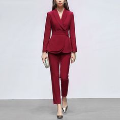 Elegant two piece black, red and burgundy women's pants suits. Brand Name:aishang meyzis Model Number:MZ19QD19873 Fabric Type:Worsted Material:100% Polyester Style:Pants Suits Clothing Length:Regular Closure Type:Double Breasted Pattern Type:Solid Collar:V-neck Fabric:100%polyester Women Pants Suit, Office Wear Outfit, Wine Pants, Black Two Piece, Suits Clothing, Belted Blazer, Pantsuits For Women, Red Suit, Blazer Set