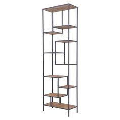 an iron and wood shelving unit with four shelves