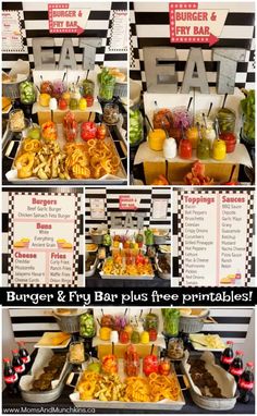 this is an image of a buffet table with burgers and fries for free printables