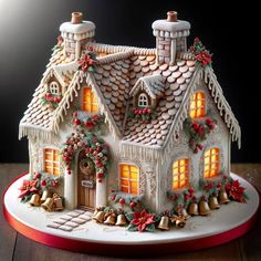 a christmas gingerbread house with bells and holly on the roof is lit up at night