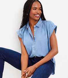 Petite Chambray Shirt, Casual Chambray Button-up Top, Chambray Shirt Outfit, Everyday Chambray Button-up Tops, Cheap Chambray Button-up Tops, Blue Chambray Button-up Tops, Dolman Shirt, Dutch Blue, Maroon Shirts