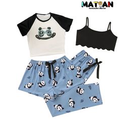 Featuring a cute panda face with glasses, this fou pieces set adds a touch of fun to your sleepwear collection. - This set include 4 pieces, 2 tops, 1 pants and 1 short.  - Made with soft and breathable fabric, this pajama set is perfect for a good night's sleep or lounging around the house. -The short sleeve tee t-shirt, 1/2 tank top, pants and shorts design makes it easy to move around in and perfect for warmer weather. -Available in standard size, this pajama set is designed to fit and flatter your curves. -Composition: 95% Polyester,5% Elastane Casual Cartoon Print Sleep Sets, Casual Cartoon Print Sleepwear Sets, Casual Sleepwear Sets With Cartoon Print, Casual Graphic Print Sleep Sets, Casual Black Sleepwear With Cartoon Print, Casual Black Bedtime Set, Black Cartoon Print Sleepwear For Sleepover, Casual Sleep Sets With Letter Print, Trendy Black Sleepwear For Loungewear