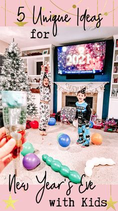 Kids excited to countdown New Year’s Eve while in party hats, playing in balloons Kids Nye Party, New Year’s Eve Party At Home, Diy Balloon Drop, Toddler New Years Eve Party Ideas, Nye Kids, At Home Nye Party Ideas Kids