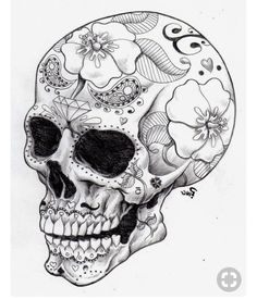 a drawing of a skull with flowers on it