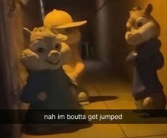 two cartoon characters are talking to each other in front of a mirror that says, nah im botta get jumped