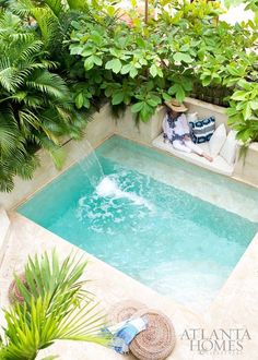 a small swimming pool surrounded by greenery