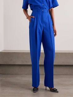 TOLU COKER Pleated twill straight-leg pants | NET-A-PORTER Modern Blue Wide-leg Pants, Modern Blue Wide Leg Pants, Modern Wide Leg Blue Pants, Tailored Wide-leg Blue Pants, Tailored Blue Wide-leg Pants, Modern Wide Leg Blue Bottoms, Elegant Fitted Blue Wide Leg Pants, Modern Blue Spring Pants, Modern Blue Tapered Leg Pants