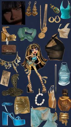 a collage of various items including shoes, necklaces and other things to wear