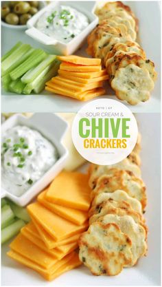 cheese crackers with dips and vegetables on the side are ready to be eaten