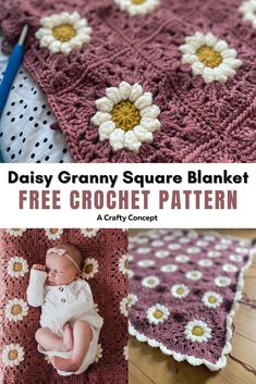 a crocheted blanket with flowers on it and the text, daisy granny square blanket free crochet pattern