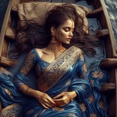 a painting of a woman in a blue sari sitting on a boat with long hair